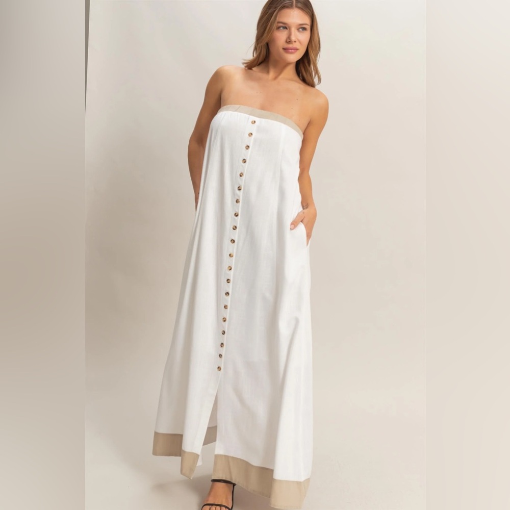 #40 White Strapless Maxi Dress with Button Detail - Picture 3 of 4